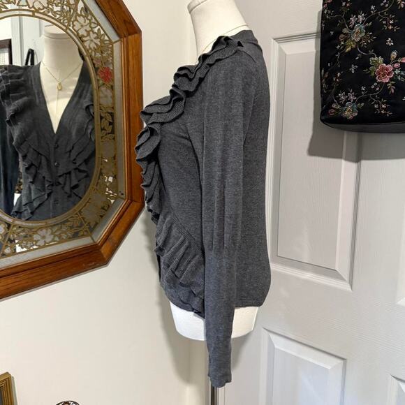 JW Petite Charcoal Grey Cotton Blend Ruffled Button Up Preppy Cardigan Top M - Picture 3 of 7
